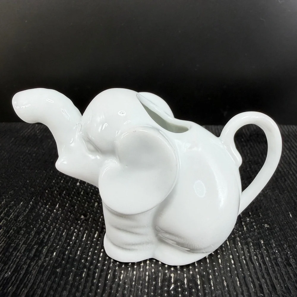 White Porcelain Elephant Creamer Pitcher Glossy Ceramic Animal Coffee Tea Server